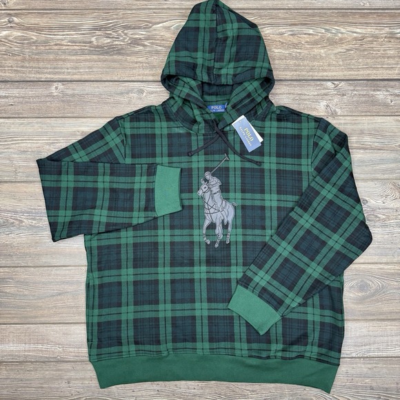Polo Ralph Lauren Big Pony Leather Patch Green Black Check Hoodie‎ Size XXL NEW - Picture 1 of 9